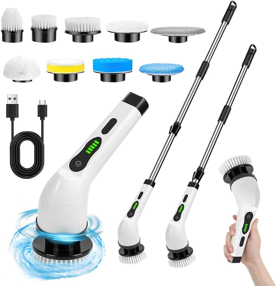Depurador eléctrico, limpiador giratorio inalámbrico para limpieza, cepillo de limpieza eléctrico con 9 cabezales reemplazables para baño, cocina,