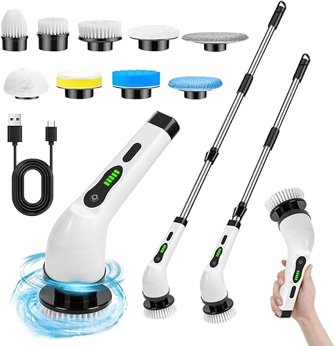 Depurador eléctrico, limpiador giratorio inalámbrico para limpieza, cepillo de limpieza eléctrico con 9 cabezales reemplazables para baño, cocina,