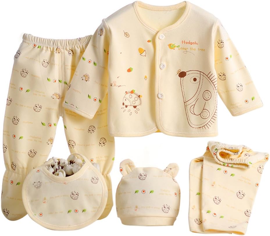 Gajaous 5PCS Newborn 0-3M Boys Girls Baby Cotton Clothes Tops Hat Pants Suit Outfit Sets OneSize