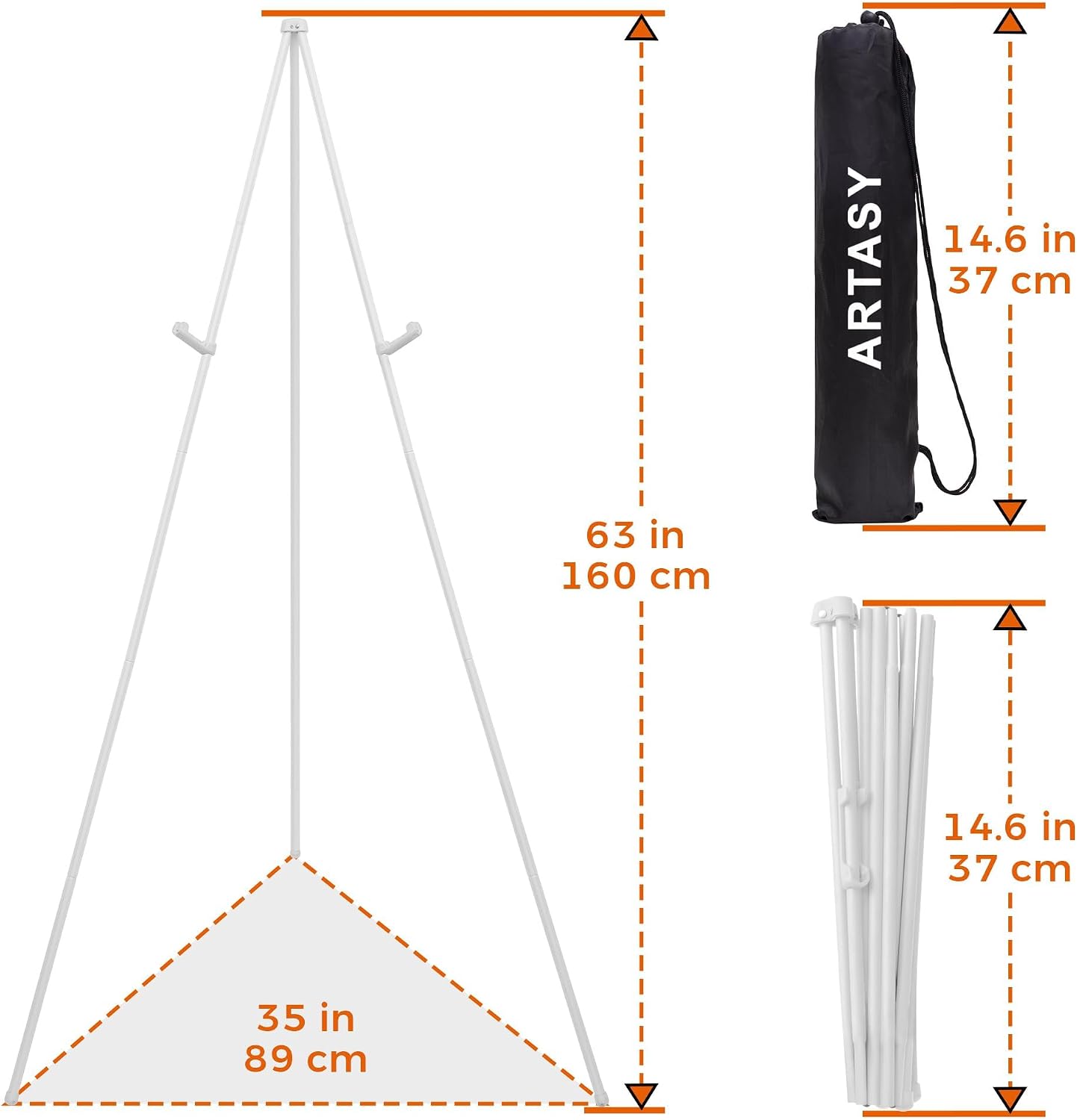 ARTASY 63" Easel Stand for Wedding Signs, Posters, Portable Artist Easel for Painting Canvas, Tripod for Home and Office, Supports 5 lbs-White 2/Pack