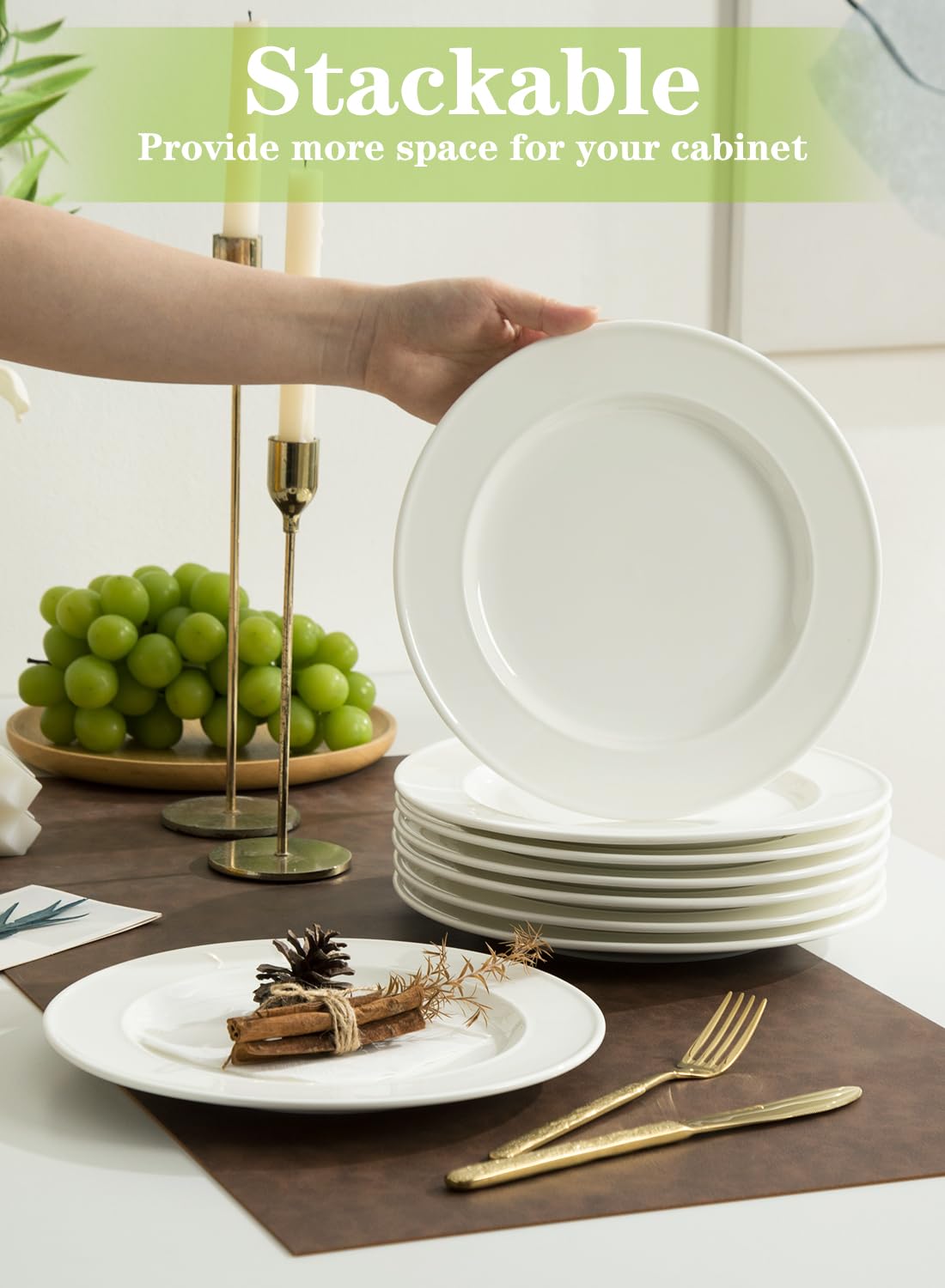 Piatti piani da insalata in porcellana da 25,4 cm, 8 pezzi, piatti rotondi per pasta con bordo largo, set di stoviglie grandi, resistenti ai graffi, adatti a microonde, forno e lavastoviglie