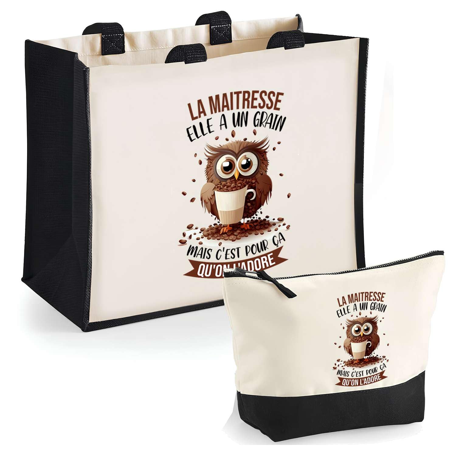 Duo Trousse et Cabas Jute Noir La Maitresse Chouette Grain | Sac de Courses Pochette Maquillage Cadeau Fin d'années Ecole