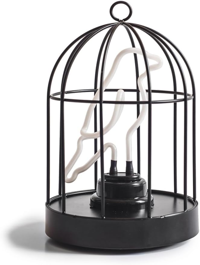 Suck UK | Neon Bird Lamp | USB & Battery Powered Desk Lamp | Black Metal Birdcage Night Light