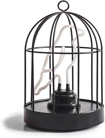Suck UK | Neon Bird Lamp | USB & Battery Powered Desk Lamp | Black Metal Birdcage Night Light