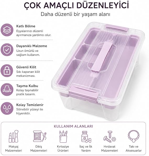 Orret Home Bölmeli ve Katlı Plastik Organizer Makyaj Düzenleyici – Kilitli Takım Sandığı Organizer Kutu, Taşıma Kulplu Çok Amaçlı Düzenleyici, Katlı Saklama Kutusu (ASORTİ RENK) (9 Litre)