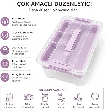 Orret Home Bölmeli ve Katlı Plastik Organizer Makyaj Düzenleyici – Kilitli Takım Sandığı Organizer Kutu, Taşıma Kulplu Çok Amaçlı Düzenleyici, Katlı Saklama Kutusu (ASORTİ RENK) (9 Litre)