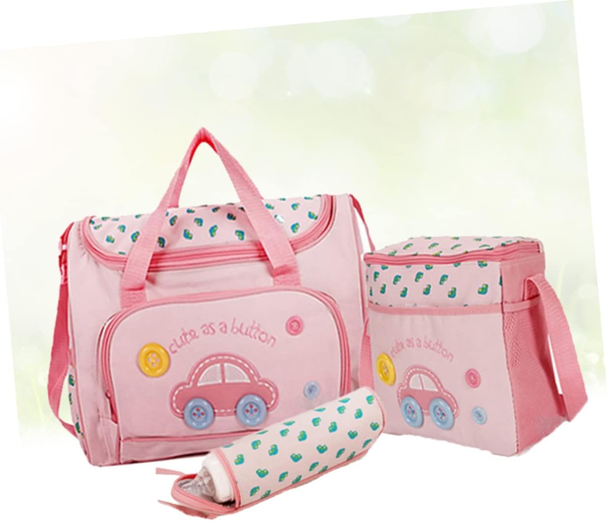 BESTonZON Multi-function Diaper Bag Set Large Capacity Mummy Tote with Shoulder Strap Includes Changing Pad Bag Bottle Holder Stylish Pink Car Pattern for Moms The Go