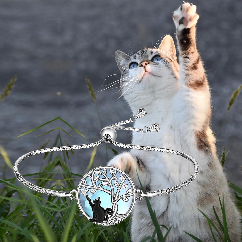 Fenthring Black Cat Bracelet Tree of Life Moonstone Filigree Cat Bracelets for Women Sterling Silver Halloween Cats Lover Gifts