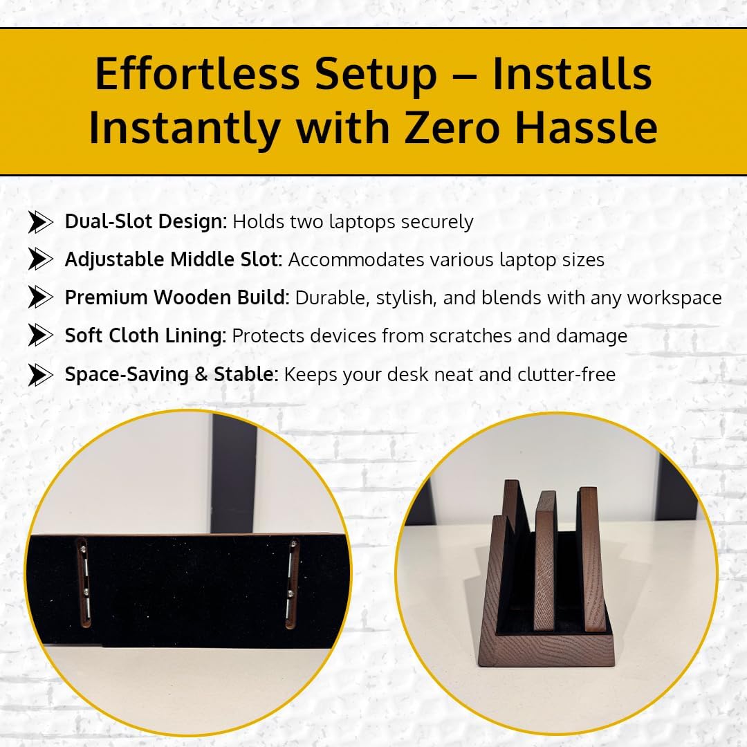 Dual Laptop Holder Vertical Stand 2 Slots Wooden - Dark Brown (Walnut Color) - Vertical Holder for Desk, MacBook Pro & Air, Desktop Organizer Made of Natural Wood, Adjustable Stand for Notebooks