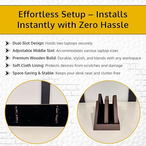 Vista 5 de Soporte vertical doble para laptop, 2 ranuras de madera, marrón oscuro (color nogal) - Soporte vertical para escritorio, MacBook Pro y Air, Marrón