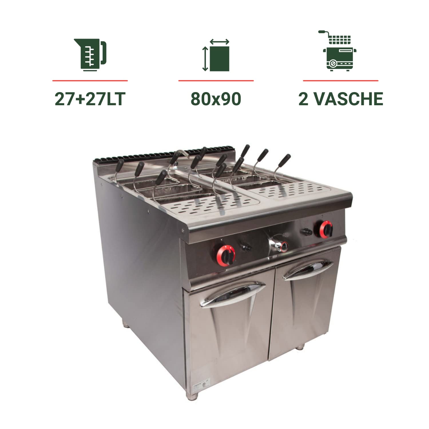Ristoattrezzature Cuocipasta a Gas su Vano Chiuso - Acciaio Inox - 2 vasche - Capacità 27+27 litri S/90-80x90 cm
