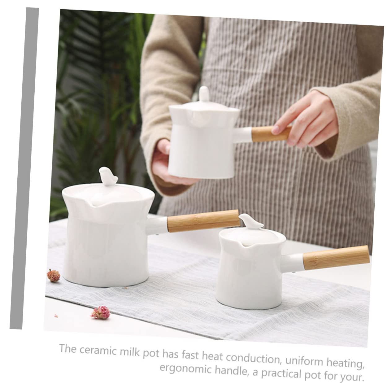 Sartén de cerámica con mango de madera, recipiente de té de vidrio con tapas, hervidor de té para estufa, olla pequeña con tapa, cuchara para servir, olla de leche para el hogar, mini calentador de