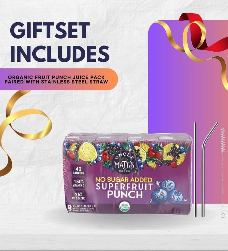 Juice Box Superfruit Punch 8Pk - 5.4FO Bundle with Reusable Straw — Ready-to-Drink Fruit Juice Gift Set (2 Items)