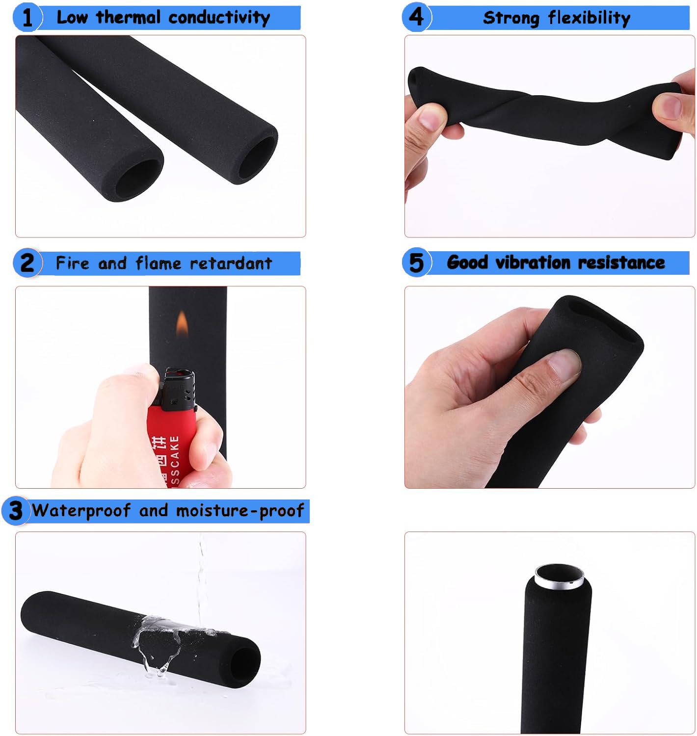 TOP-VIGOR Uchwyty do rur piankowych 36 mm ID 1/4" (6 mm) grubość ściany 50 cm czarne antypoślizgowe do fitnessu, wsparcie uchwytu narzędzi