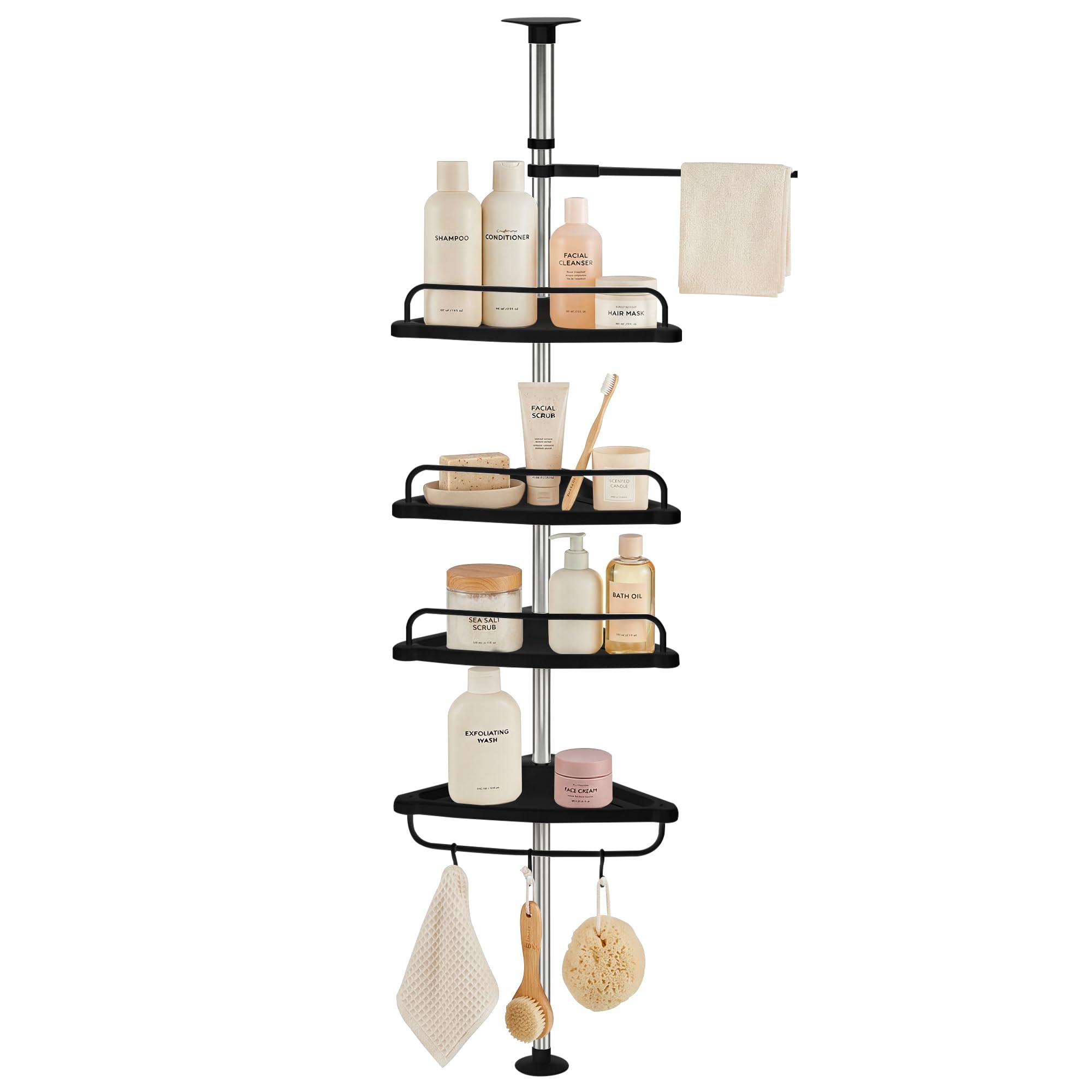 Estanteria Telescopica de Baño Altura Ajustable 254cm Esquinero Plástico Metal sin Taladro 4 Baldas Negro