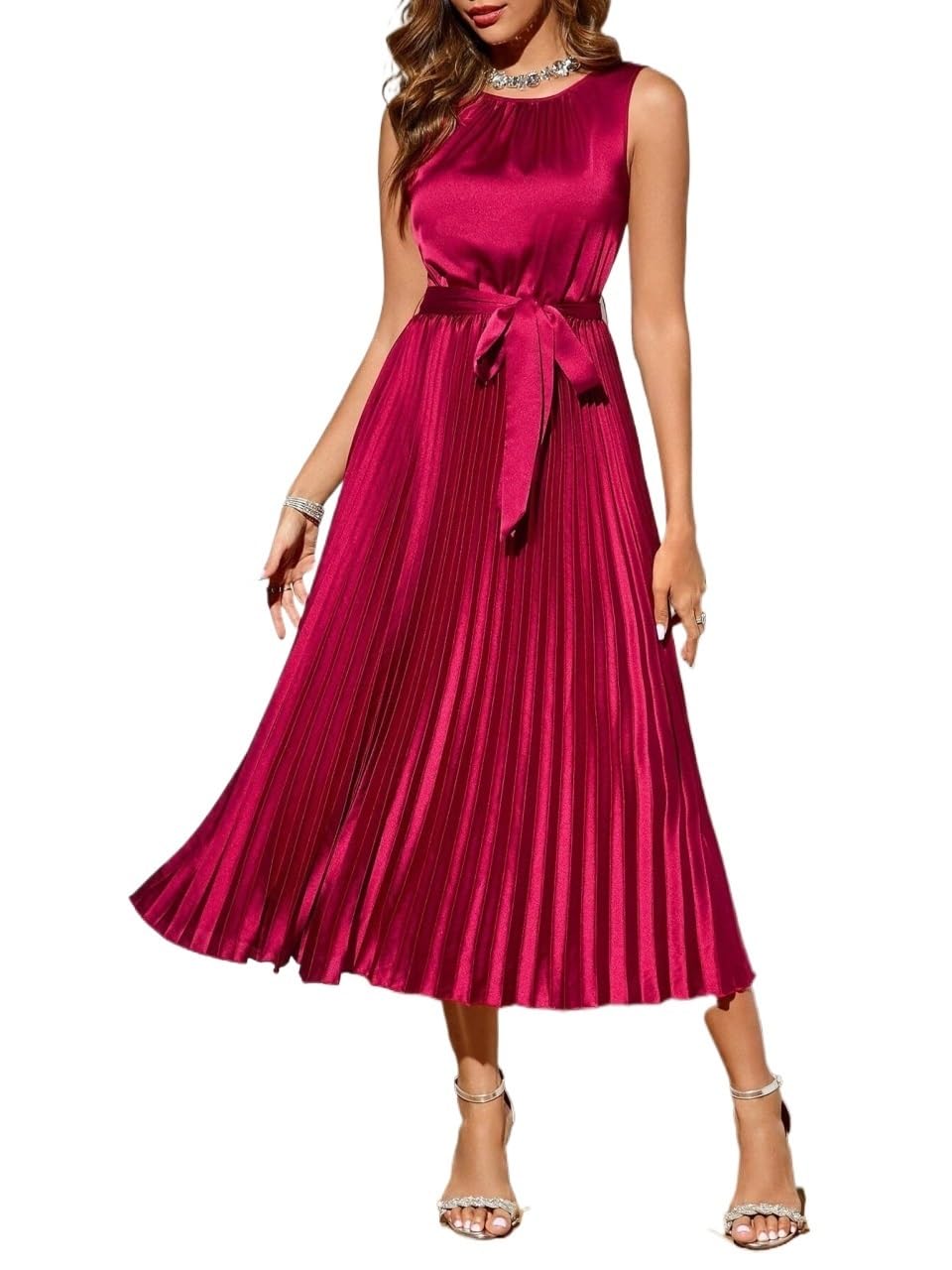Womens Solid Color Sleeveless Pleated Hem Mid-Length Dress Casual Party Long Dress