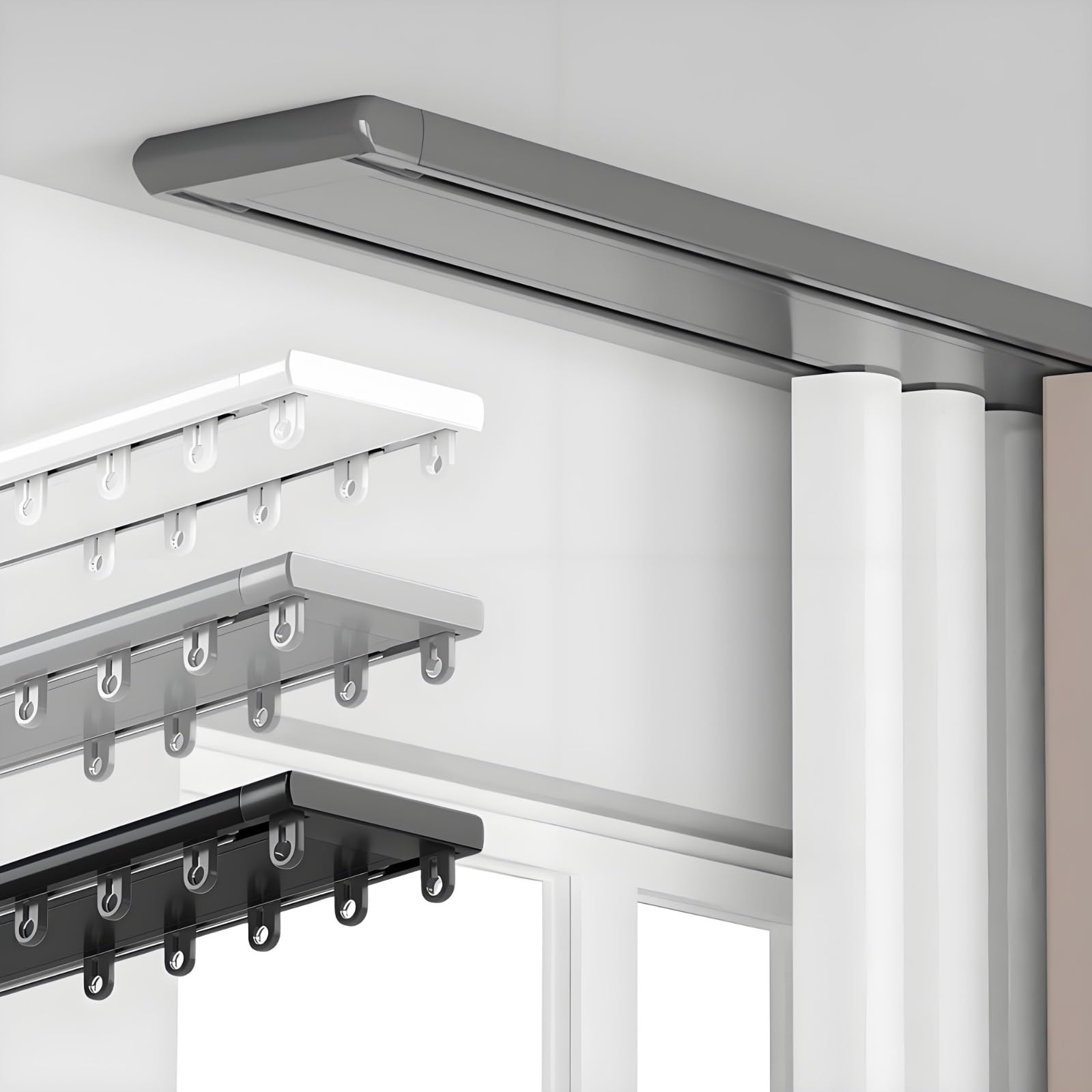 Double Ceiling Curtain Track 1m-6m Heavy Duty Aluminum Curtain Slider With Hook, Heavy Duty Double Curtain Rod For Bedroom, Living Room, Window, Hotel(Gray,5.4m/17.7ft)