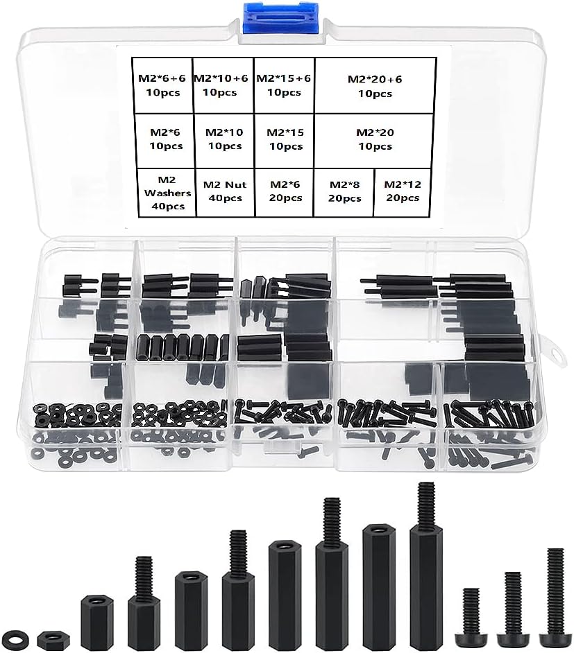 220 M2 Male Female Nylon Hex Spacer Standoff Screw Nut Threaded Pillar Assorted Assortment Kit, for DIY Electrical Circuit Board and Machine Board Assortment Mounting Hardware, Black