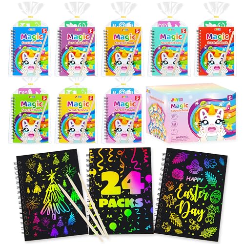 JOYIN 24 Pack Rainbow Scratch Art Notebook Bulk, Party Favors for Kids 4-8, Paper Art Crafts Kit, Goodie Bags Stuffers for Kids 3-12, Return Gifts for Birthday Party, Classroom Prizes for Students