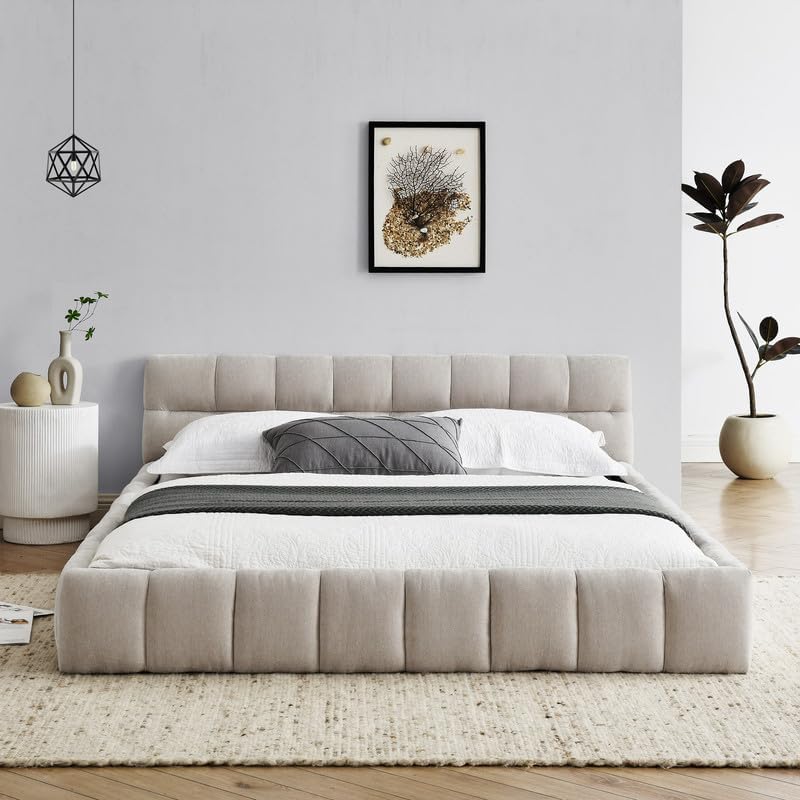 Upholstered Queen Bed with Headboard, Modern Soft Chenille Queen Size Platform Bed Frame with Wood Slat, No Box Spring Needed, Easy Assembly, Beige