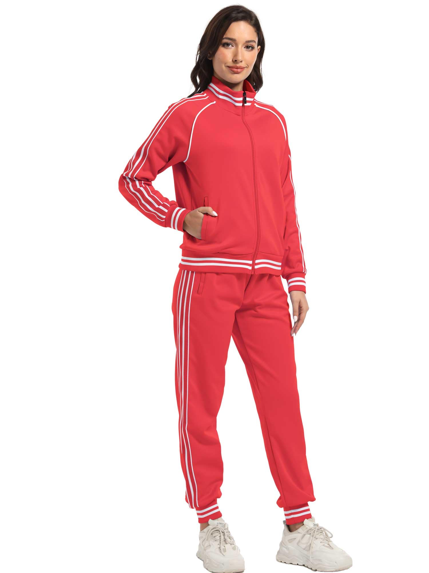 ANOTWENER Damski dres treningowy w paski, zestaw 2 sztuk, z zamkiem błyskawicznym, bluza i spodnie dresowe, strój treningowy z kieszeniami