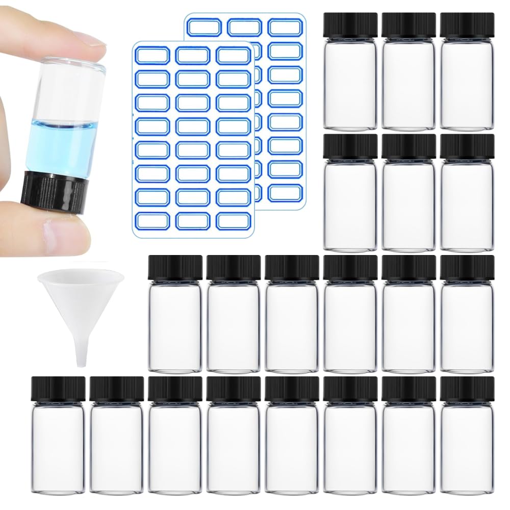Spylx 10ml Clear Glass Vials 20pcs, Glass Sample Vial with PE Stopper, Leak-Proof Small Glass Bottles Jars Containers Essential Oil Bottles for Storage Liquid, Pills and Lab Use.