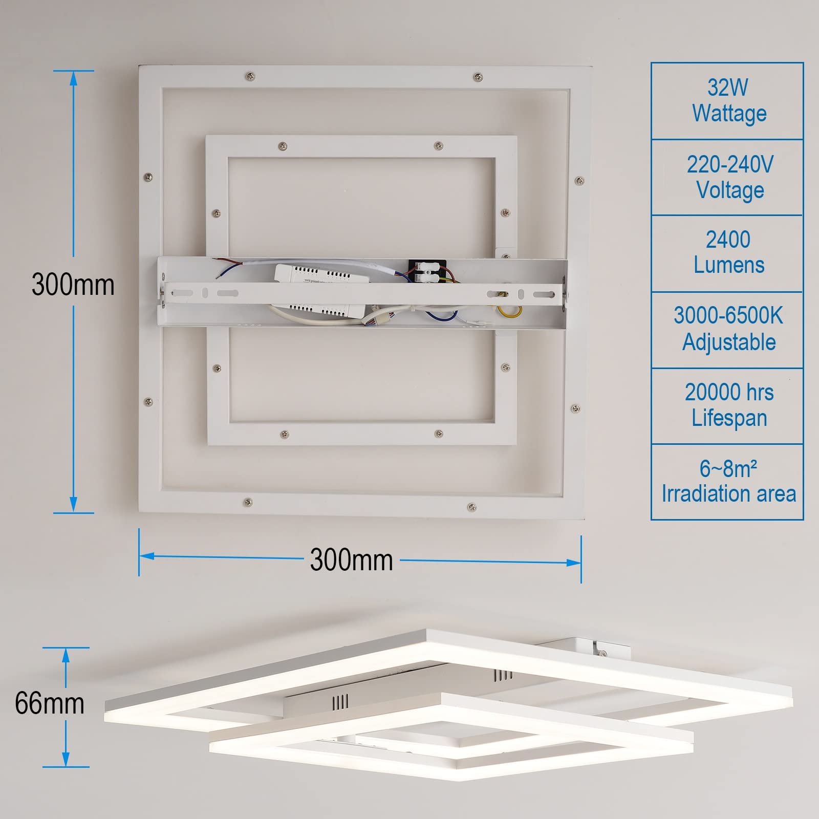 32W Plafon LED Techo Cuadrado, Ø30cm Lamparas de techo Moderno 3000K-6500K Regulable con Mando a Distancia, Lámpara de Techo Giratoria, Luz Led Techo Delgado Plafon Techo para Cocina Sala Dormitorio