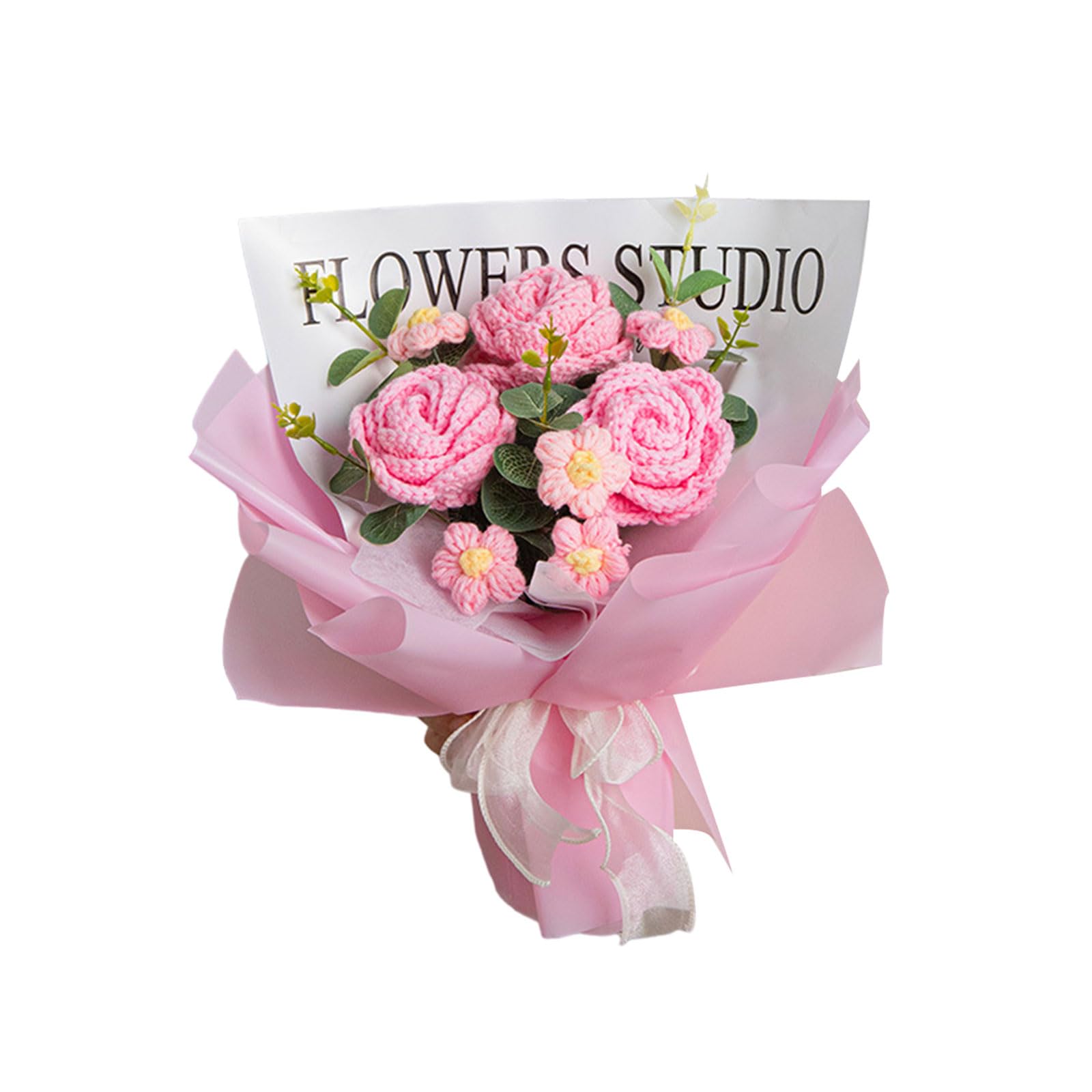 YROHGKPN Rose Flowers Bouquets for Christmas, Mother Day, Artificial Flower Crochet Flowers with String Light and Gift Bag Graduation Ceremony