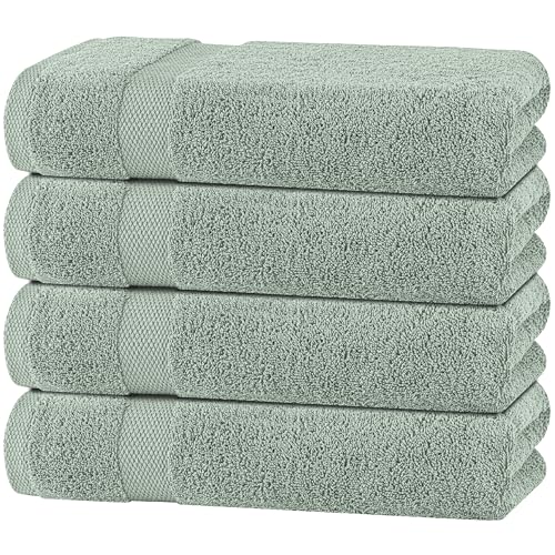 Image of White Classic Green Bath Towels 27x54 Inch, Cotton Towel Set for Bathroom, Hotel, Gym, Spa, Soft Extra Absorbent Quick Dry 4 Pack
