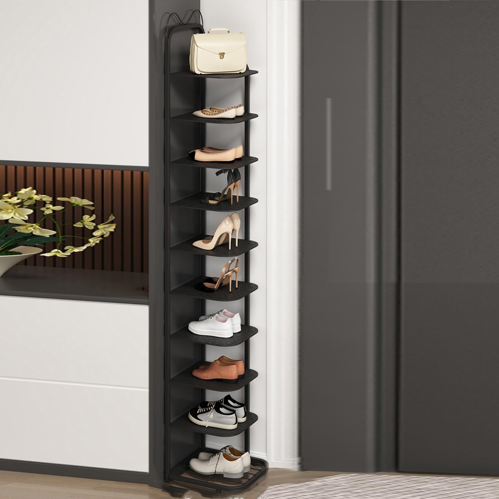 POLGDW 10 Tier Slim Shoe Rack nizer for Entryway Tall Vertical Shoe Cabinet Shelf for Small Spaces Stylish Black Shoe Tower Storage Solution