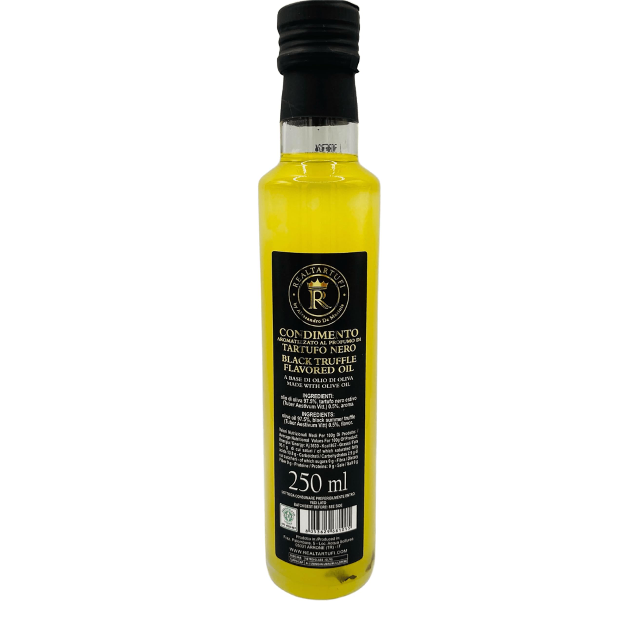 RealTartufi – Olio d’Oliva al Tartufo Nero 250 ml, Condimento Gourmet Italiano Aromatizzato, Olio tartufato per Pasta, Carne, Pizza, Insalate, Regalo Cucina