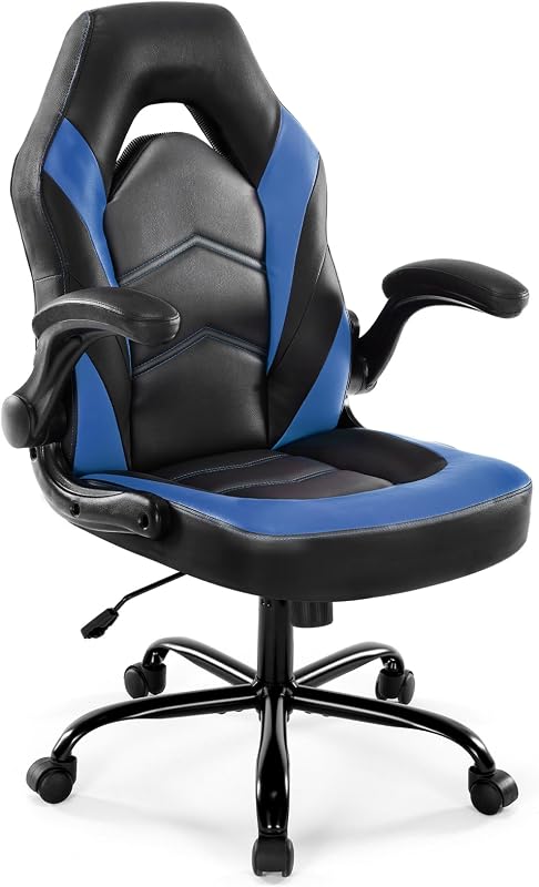 DUMOS Silla ergonómica para juegos de computadora - Escritorio de oficina en casa con soporte lumbar de cuero PU, videojuego grande y alto ajustable en altura con apoyabrazos abatible, ruedas giratorias para adultos y adolescentes | Cuero PU, Reposabrazos Abatible, Ruedas Giratorias, Soporte Lumbar, Videojuego, Altura Ajustable