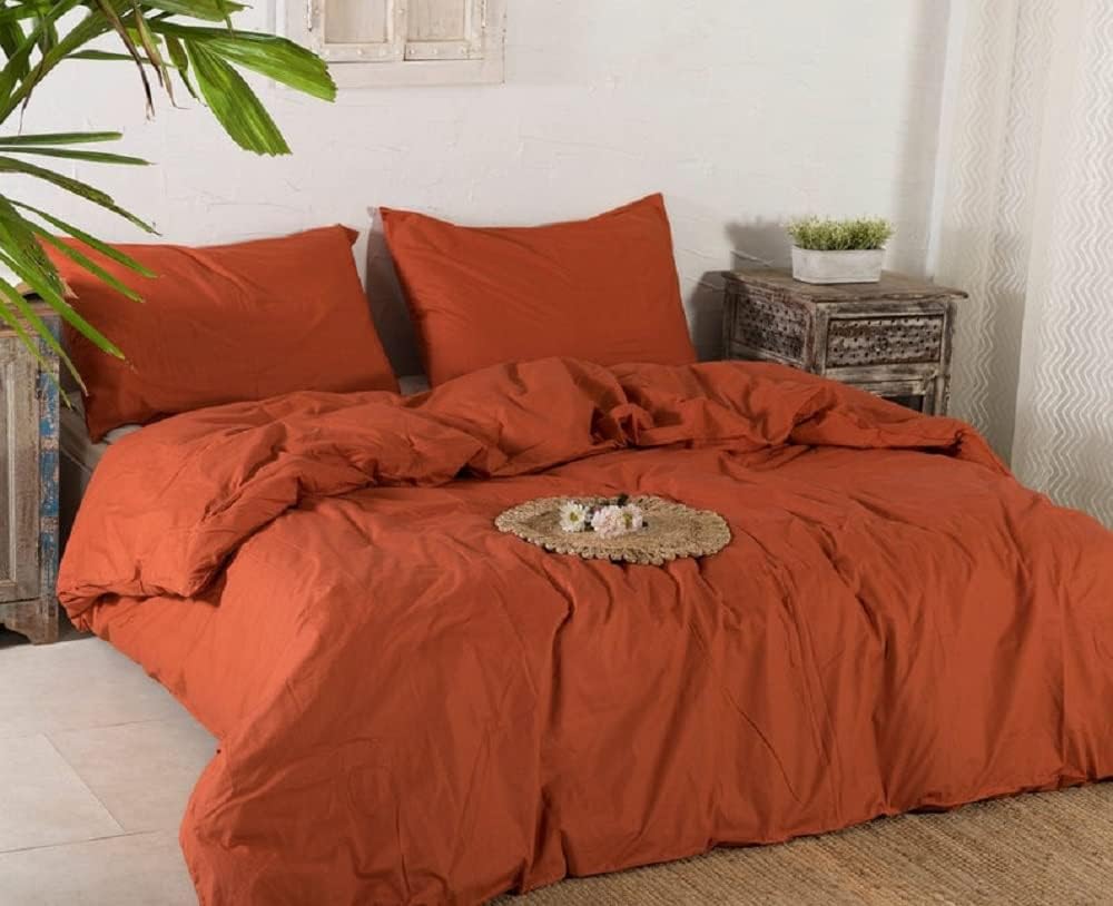 Washed Cotton Duvet Cover - Rust Orange Color Duvet Cover with Coconut Button - Donna Cover Twin King Full Queen Duvet Cover -Cotton Bedding (Twin)
