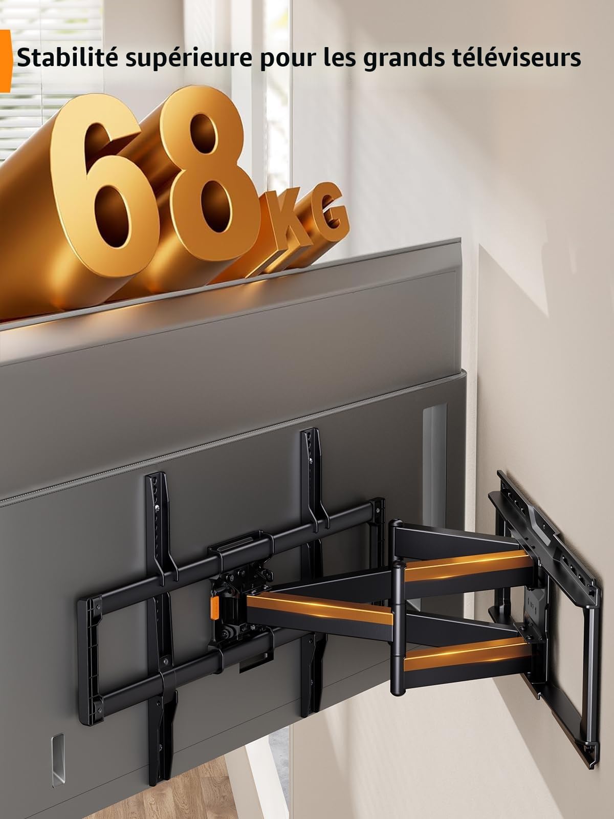 Perlegear Support Mural TV de 42 à 90 Pouce pesant jusqu'à 68KG, Support TV pré-assemblé avec Inclinaison sans Outil, Pivot, Extension, VESA Max de 600 x 400 mm