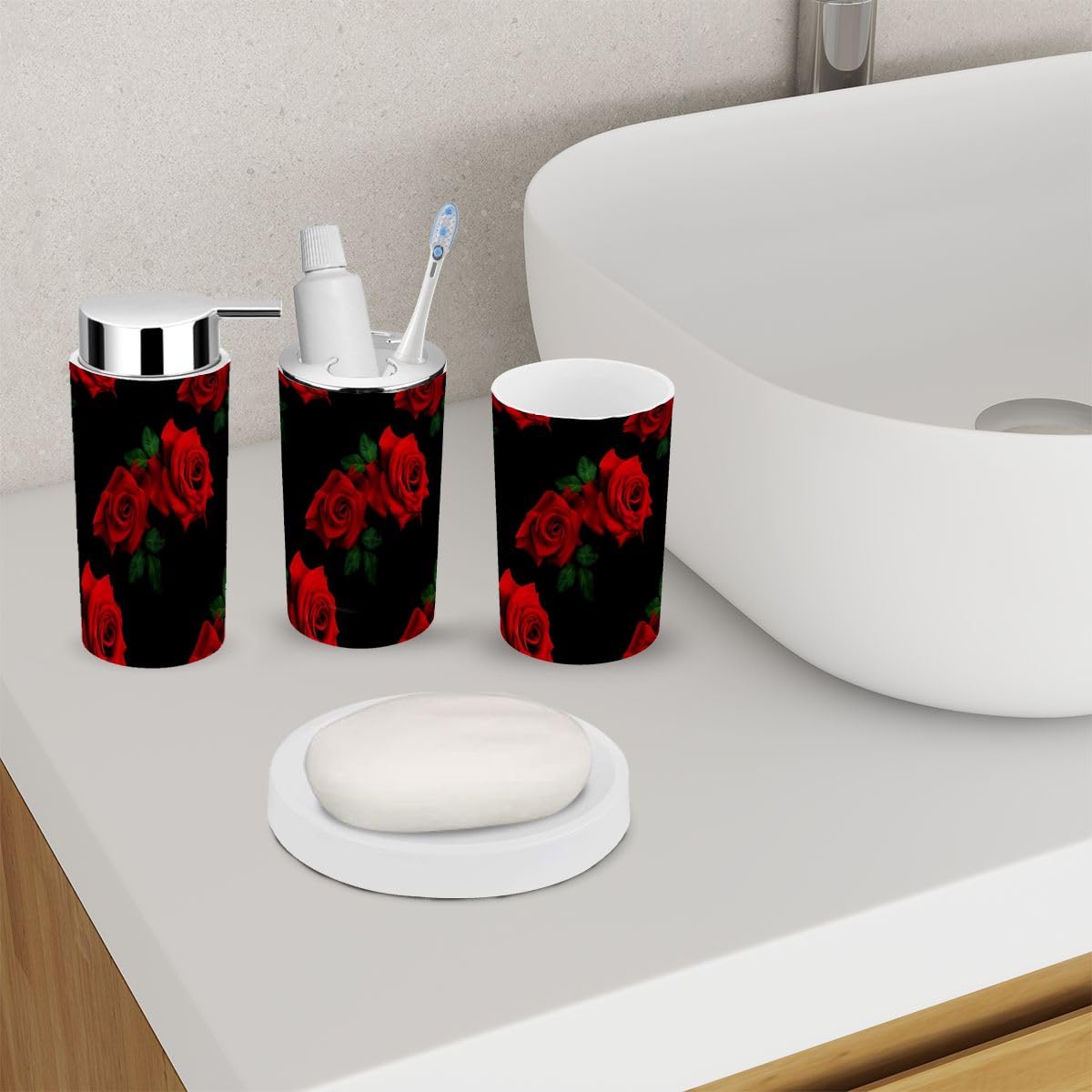 XNGJEMVWXO Bathroom Accessory Set 6 Piece Beautiful Pattern red Roses Black Toothbrush Holder, Toothbrush Cup, Soap Dispenser, Soap Dish, Toilet Brush Holder, Trash can for Countertop Rustic Decor
