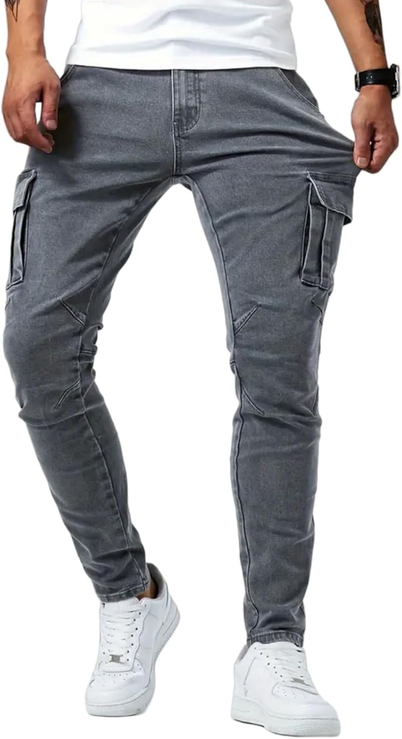 Men's Slim Fit Stretch Cargo Jeans Ripped Skinny Pants Side Pockets Design Casual Streetwear - Image 4