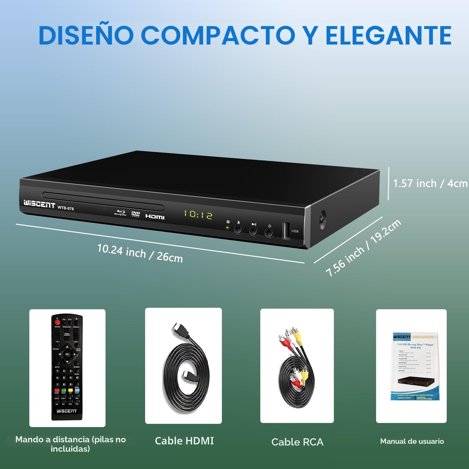 Reproductor de Blu-Ray para TV, reproductores de DVD con coaxial/HDMI/AV/salida, entrada USB, todos los DVD y discos Blu-ray de la región B/2, Full HD compacto, reproductor de Blu-ray 1080p (WTB-978B)