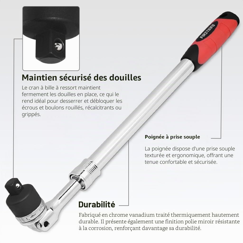 FIRSTINFO F32243D | Barre à démonter télescopique 1/2" avec cliquet flexible | longueur réglable de 436 à 576mm