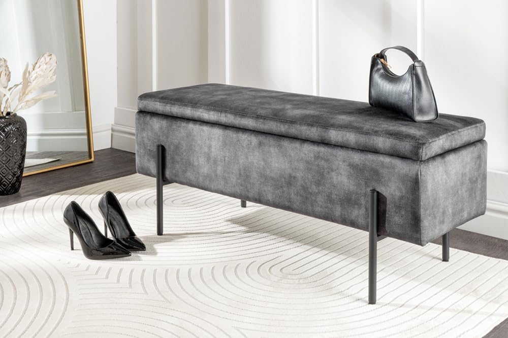Riess Ambiente Moderne Truhenbank LOFT 100cm grau Samt Sitzbank mit Stauraum gespolstert schwarz Metall Schminkbank Samtbank Flurbank Bank Dekobank Schlafzimmerbank