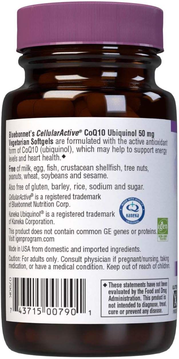 Bluebonnet Nutrition Cellular Active CoQ10 Ubiquinol 50 mg Vegetarian Softgels, Heart Health & Cellular Health, Ubiquinol from Kaneka, Non GMO, Gluten Free, Soy Free, Milk Free, 30 Vegetarian Softgels - Image 3