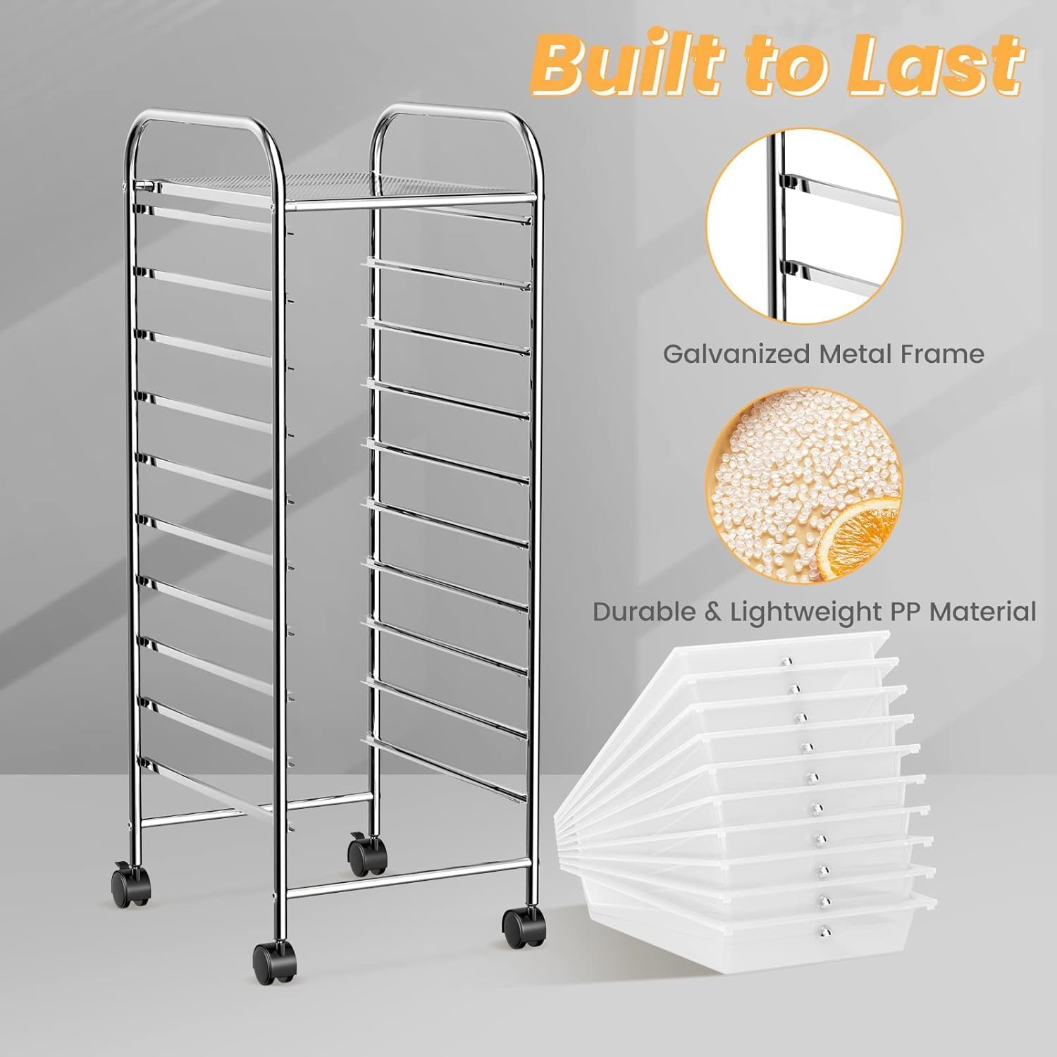 10-Drawer Rolling Storage Cart, Trolley w/Lockable 360° Wheels, 10 Removable PP Drawers, Sturdy Metal Frame, Rolling Utility Cart Perfect for Home, Office, Classroom (Clear)