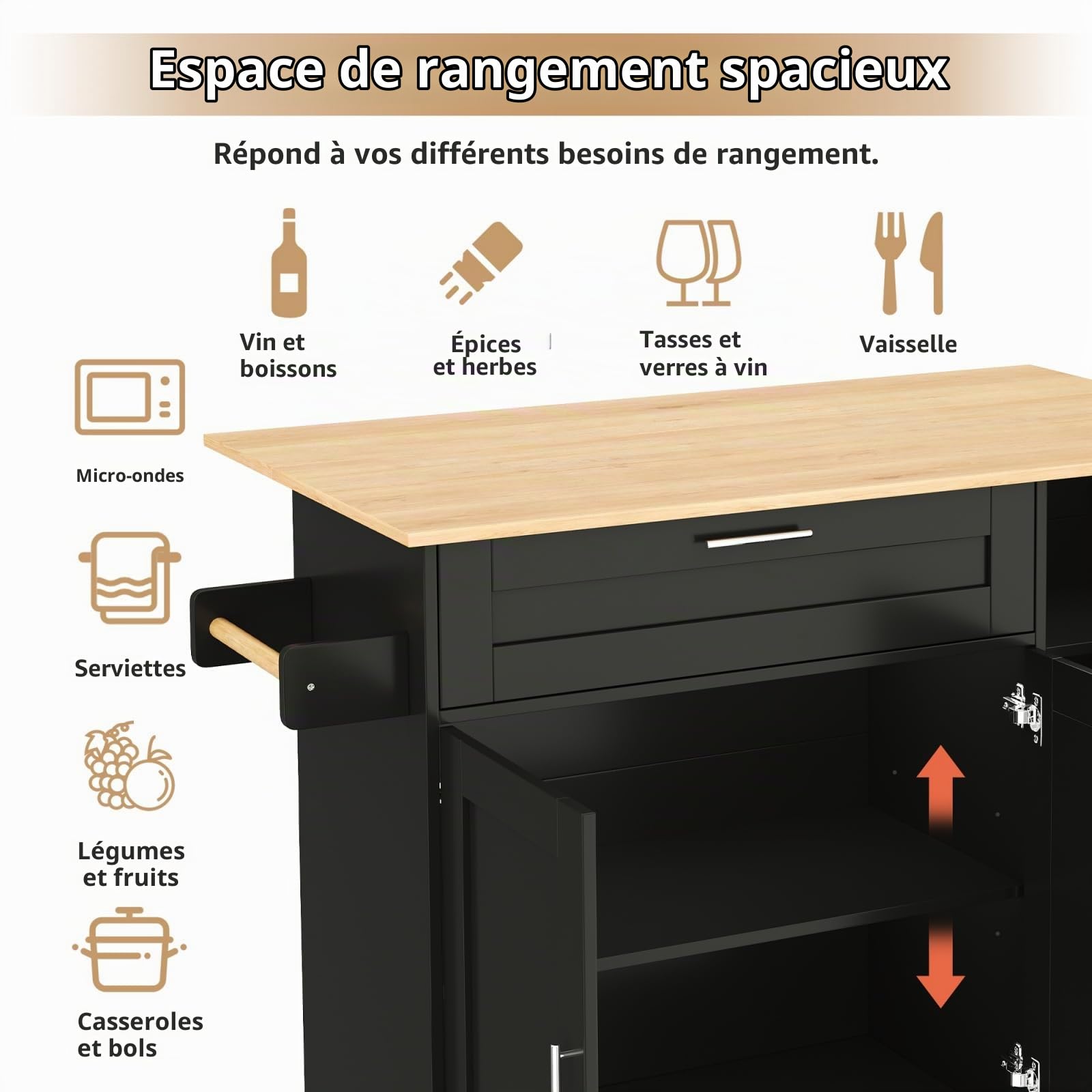 KOMHTOM Desserte Cuisine Meuble de Rangement Cuisine avec 1 tiroir et 3 Portes Placard Cuisine, Meubles de Cuisine avec Plans de Travail Buffet Salle a Manger (Noir)