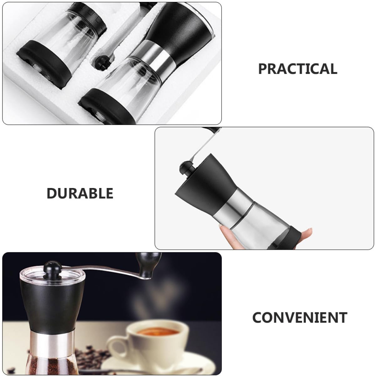 Molinillo de Café Manual Recipiente de Vidrio y Muelas Cerámicas, Silencioso y Ecológico, Adecuado para Granos Cocina o Viajes