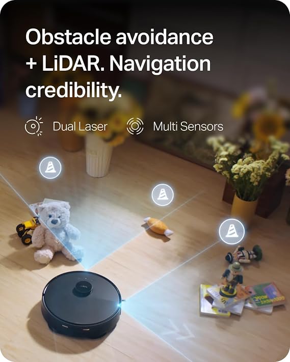 Tapo LiDAR + Dual-Laser Robot Vacuum and Mop with Self-Emptying Dock - 15000Pa Suction, Innovative Anti-Tangle System for Pet Hair, DeepEdge Mopping, Self-Cleaning, Obstacle Avoidance - RV50 Pro Omni