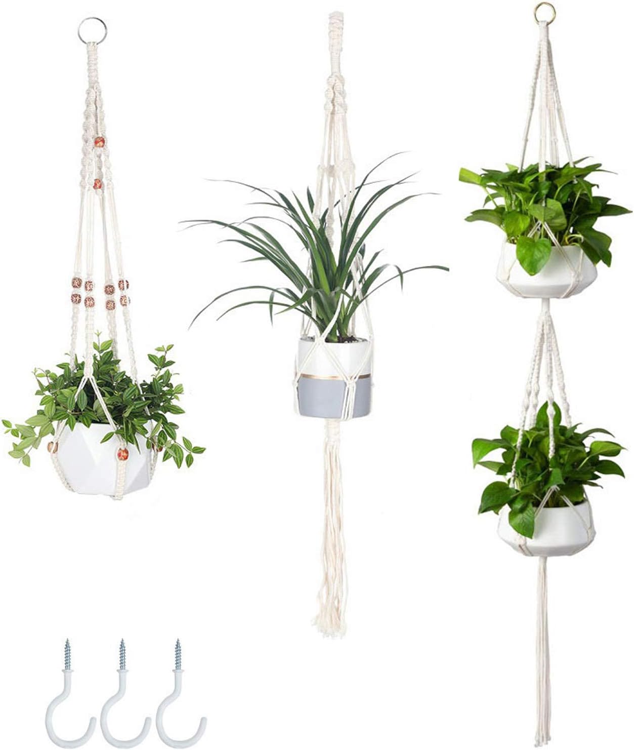3 Pack Macrame Plant Hanger with 3 Hooks, Different Size Hanging Planters for Indoor Plants Holder for Boho Home Decor,Ivory