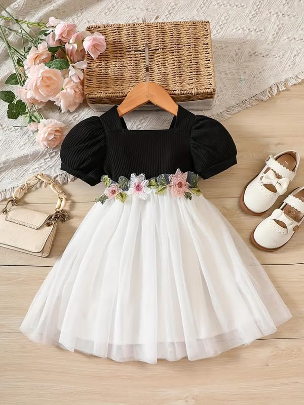 Image of Niren Enterprise Baby Girl Frock - Short Sleeve Embroidered Floral Dress with Belt, Square Neck, 1-Pack