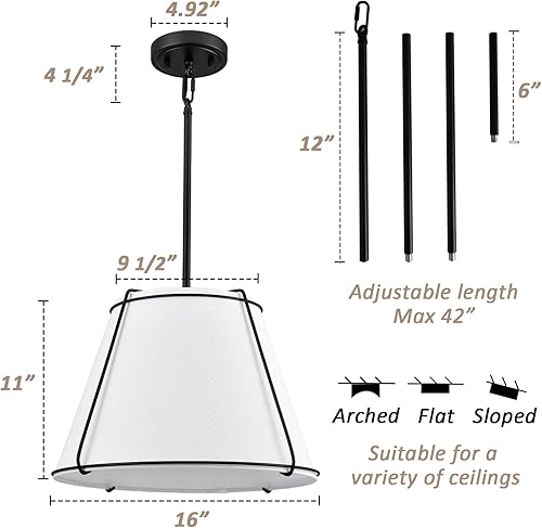 Miniatura 5 de Modernas lámparas colgantes, 16 pulgadas, luces colgantes de tambor de lino blanco, lámpara colgante ajustable con marco de metal, lámpara negra