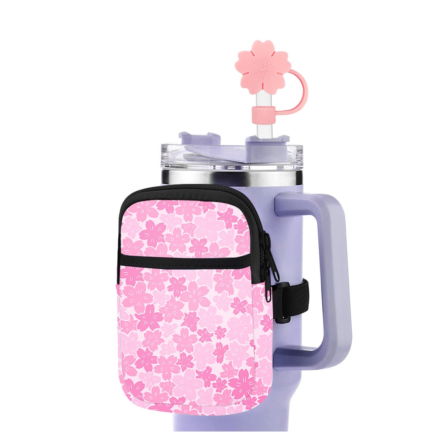 CYUHPYE Water Bottle Pouch for Stanley, Cup Belt Bag with Straw Cover Cap Water Bottle Accessories for Stanley Tumbler 40 oz 30 oz, Pink Flower