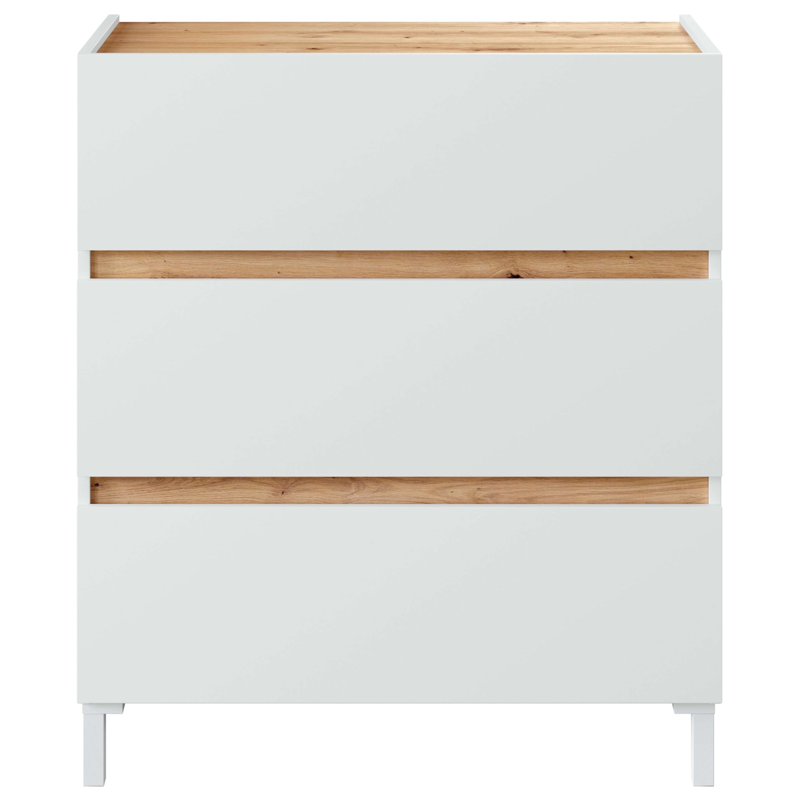 Habitdesign Cómoda de 3 Cajones Tempus con Patas | Mueble Cajonera Estilo Nórdico para Dormitorio | Color Blanco Artik y Roble Nodi, Medidas 91 x 79 x 41 cm