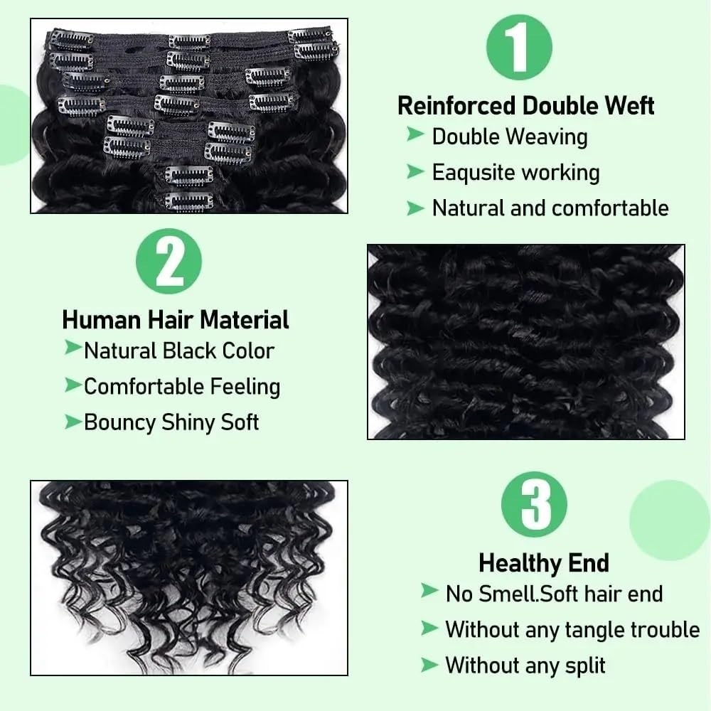 Deep Curly Clip In Human Hair Extensions dla kobiet, 8 sztuk, 18 klipsów, 120 g, brazylijskie włosy Remy, Water Wave Clip Ins, Natural Black, 35-66 cm (35,5 cm)